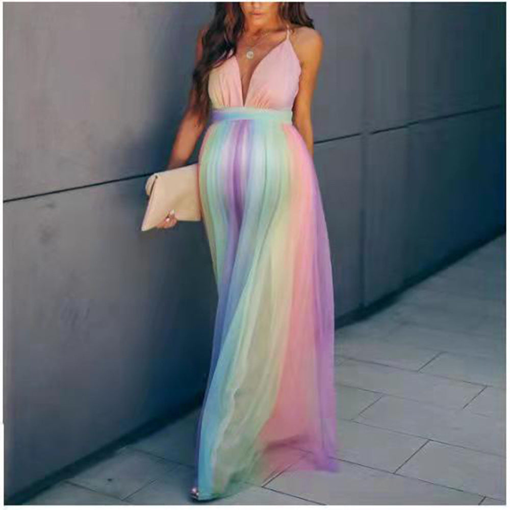 Women's Cotton Stitching Mesh Trailing Sleeve Long Dresses