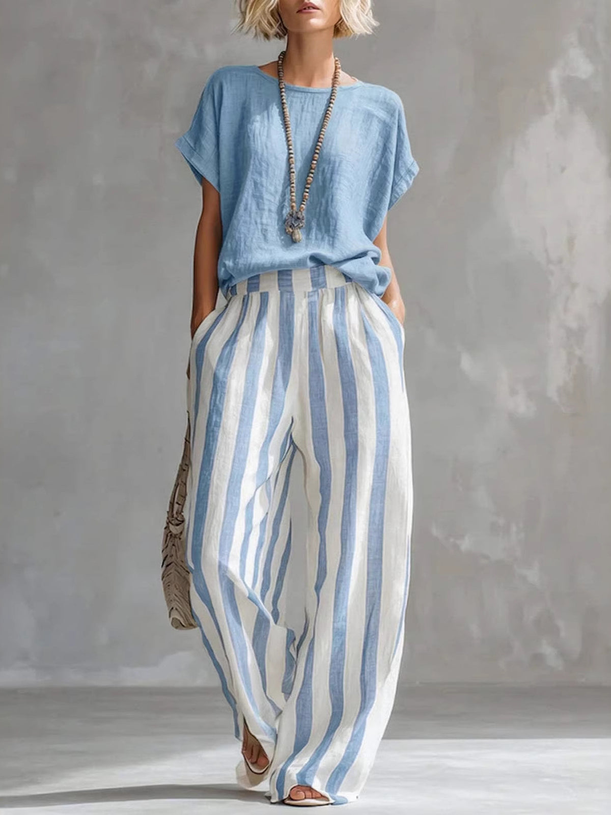 Women's Round Neck Straight Striped Trousers Fashion Casual Suit