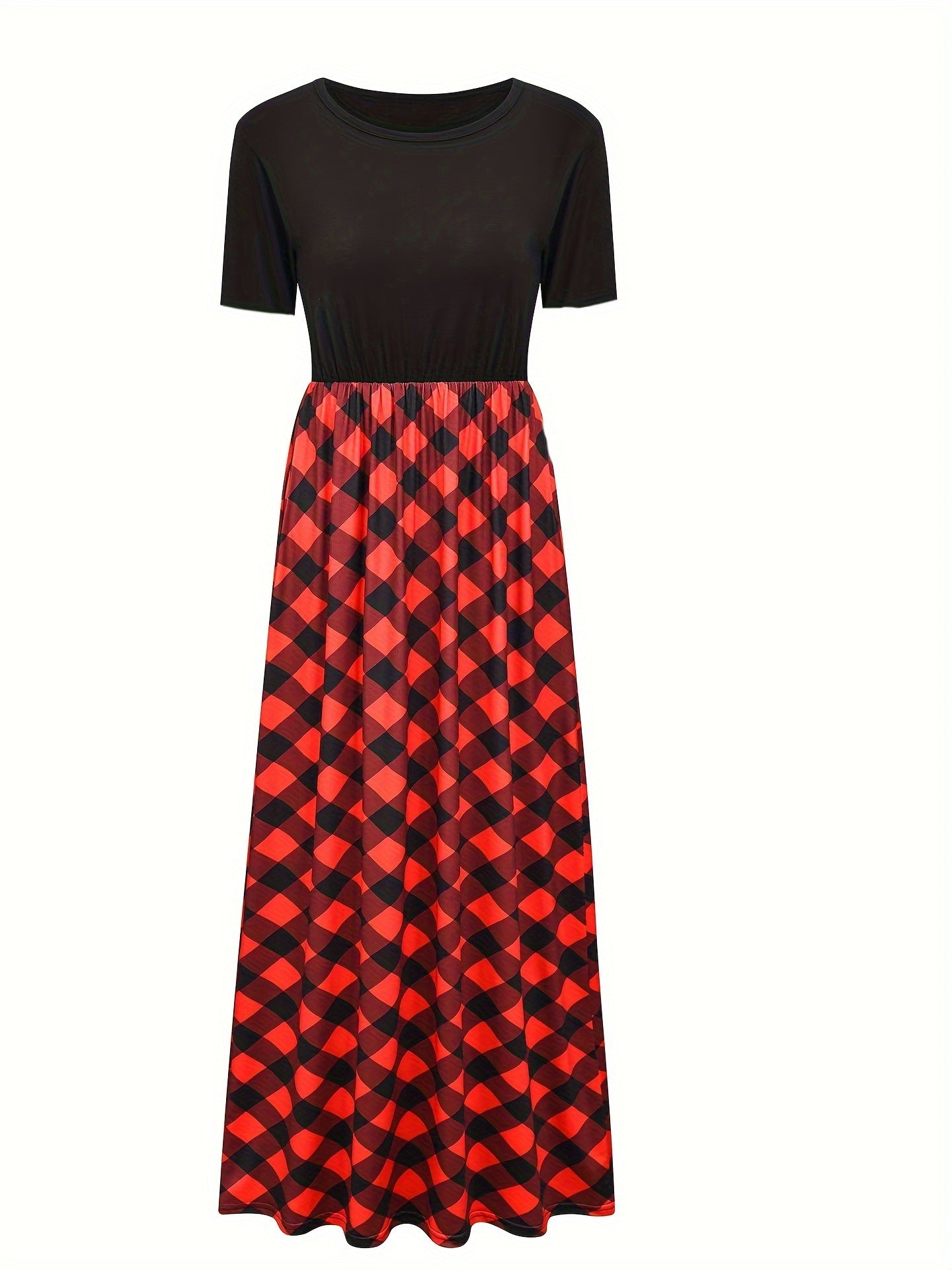 Women's Neck Stitching Contrast Color Check Fashion Casual Swing Dress