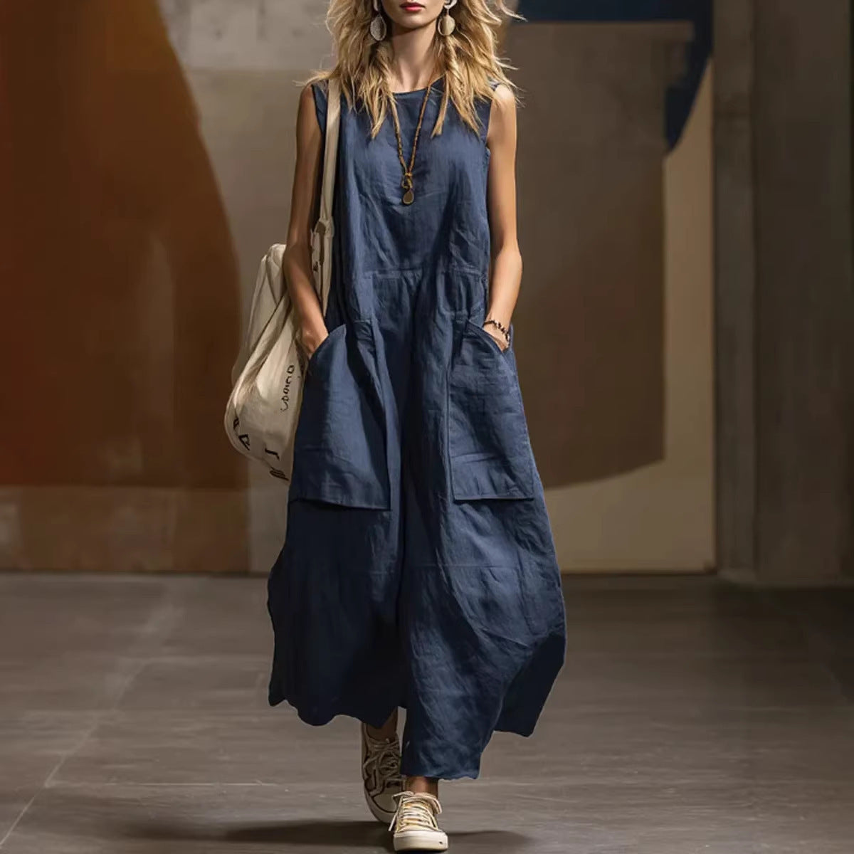Fashion Charming Loose Sleeveless Three-dimensional Pocket Dress