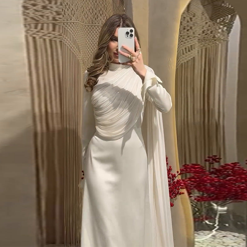Women's Pleated Irregular White Long Sleeve Slim Dresses