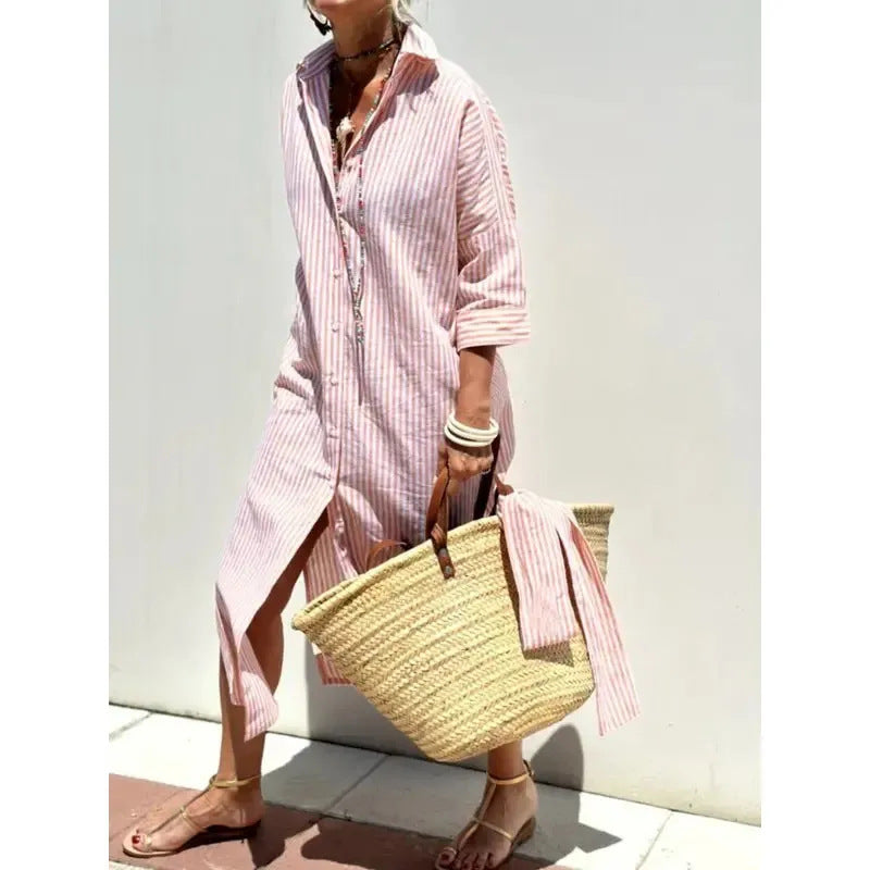 Women's Half Sleeve Striped Lapel Shirt Mid-length Dress