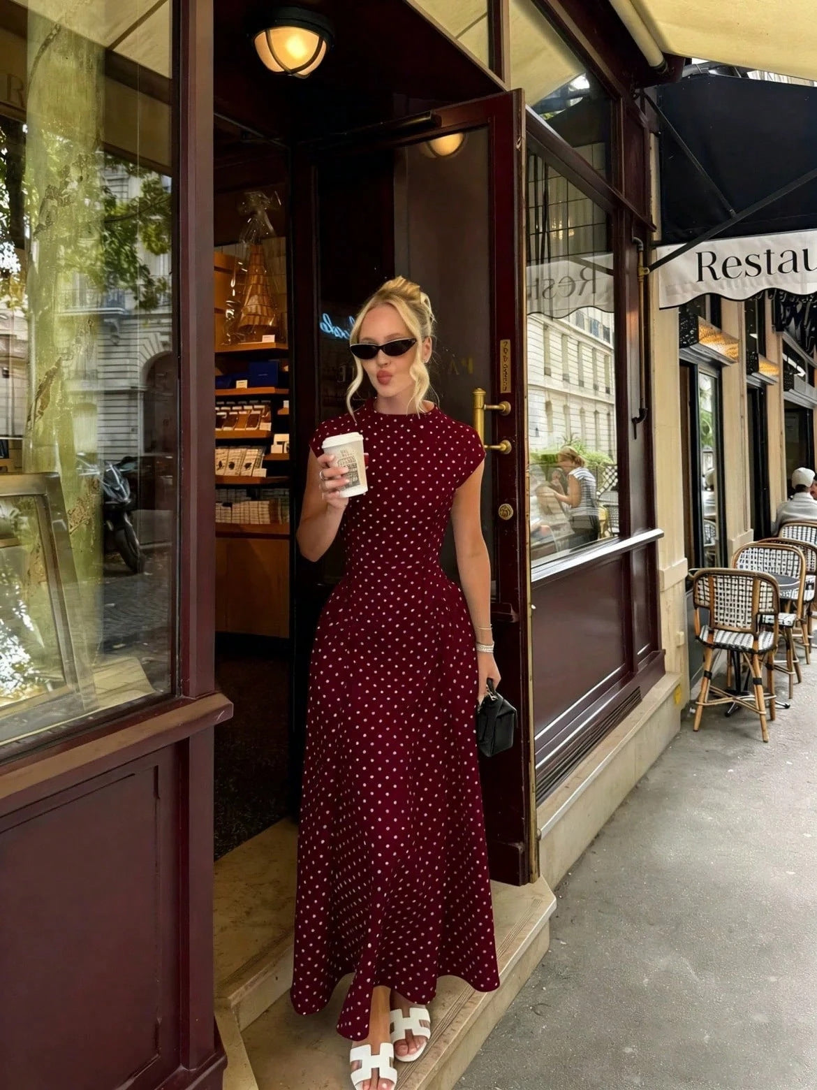 Elegant Retro Round Neck Polka Dot Printed Style Long Dress