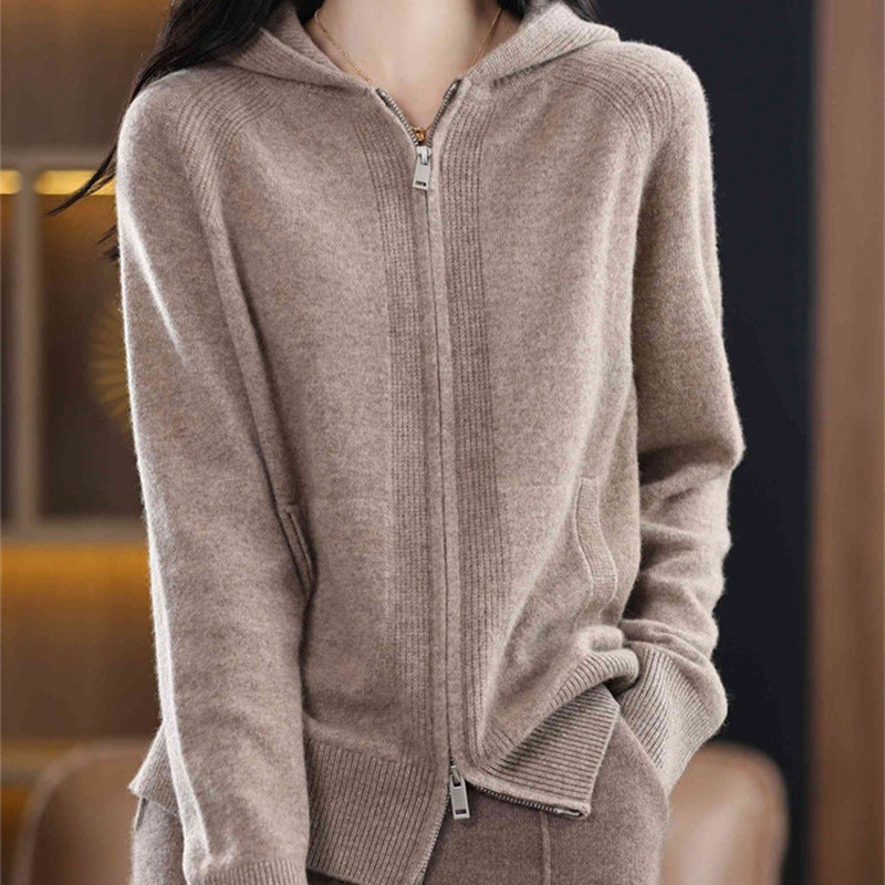 Women's Elegant Double Zipper Hooded Solid Color Sweater