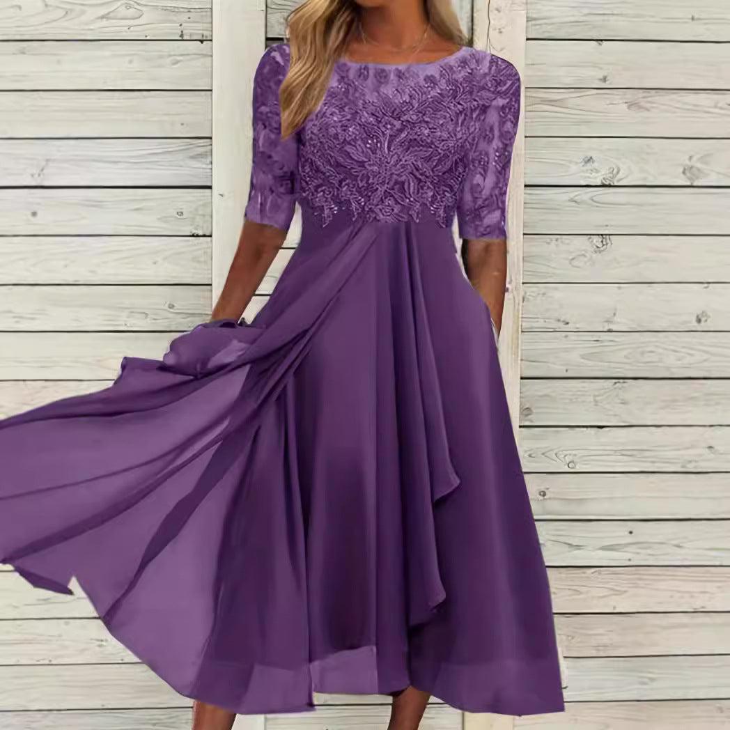 Women's Chiffon Stitching Lace Long Bridesmaid Dress