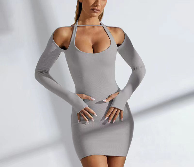 Women's Solid Color Sexy Long-sleeved Halter Sheath Dress