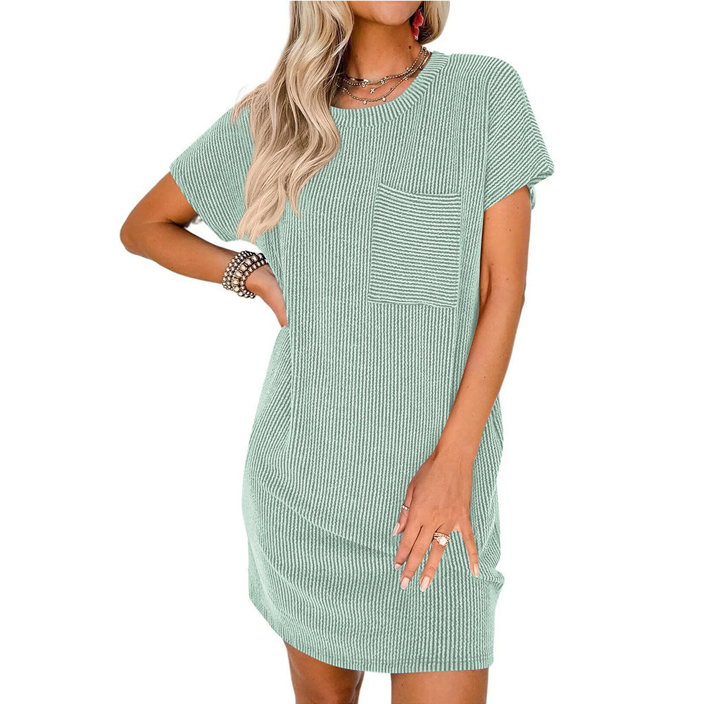 Women's Contrast Color Twist Strip Sleeve Pocket Dresses