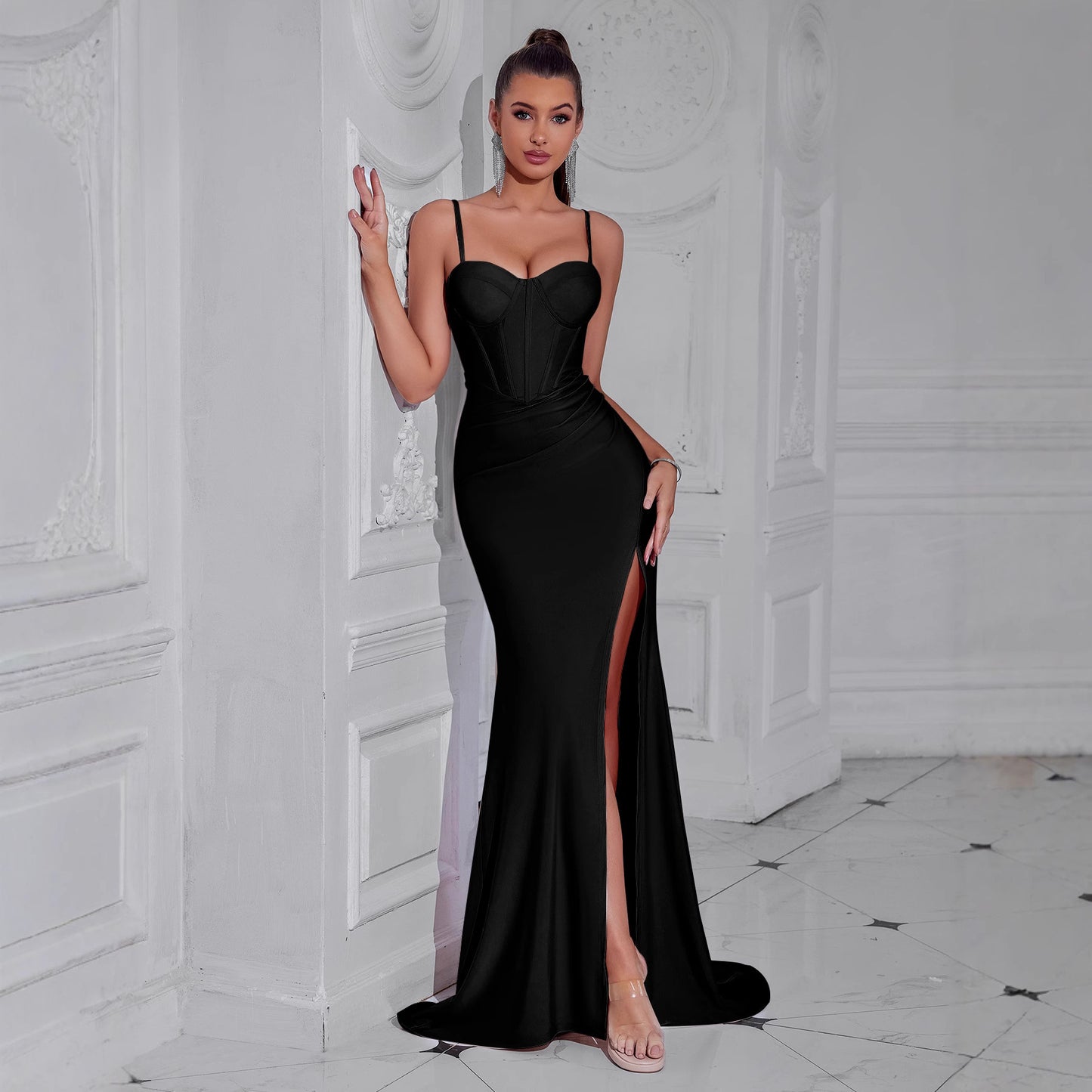 Solid Color High-grade Temperament Slimming Strap Dress