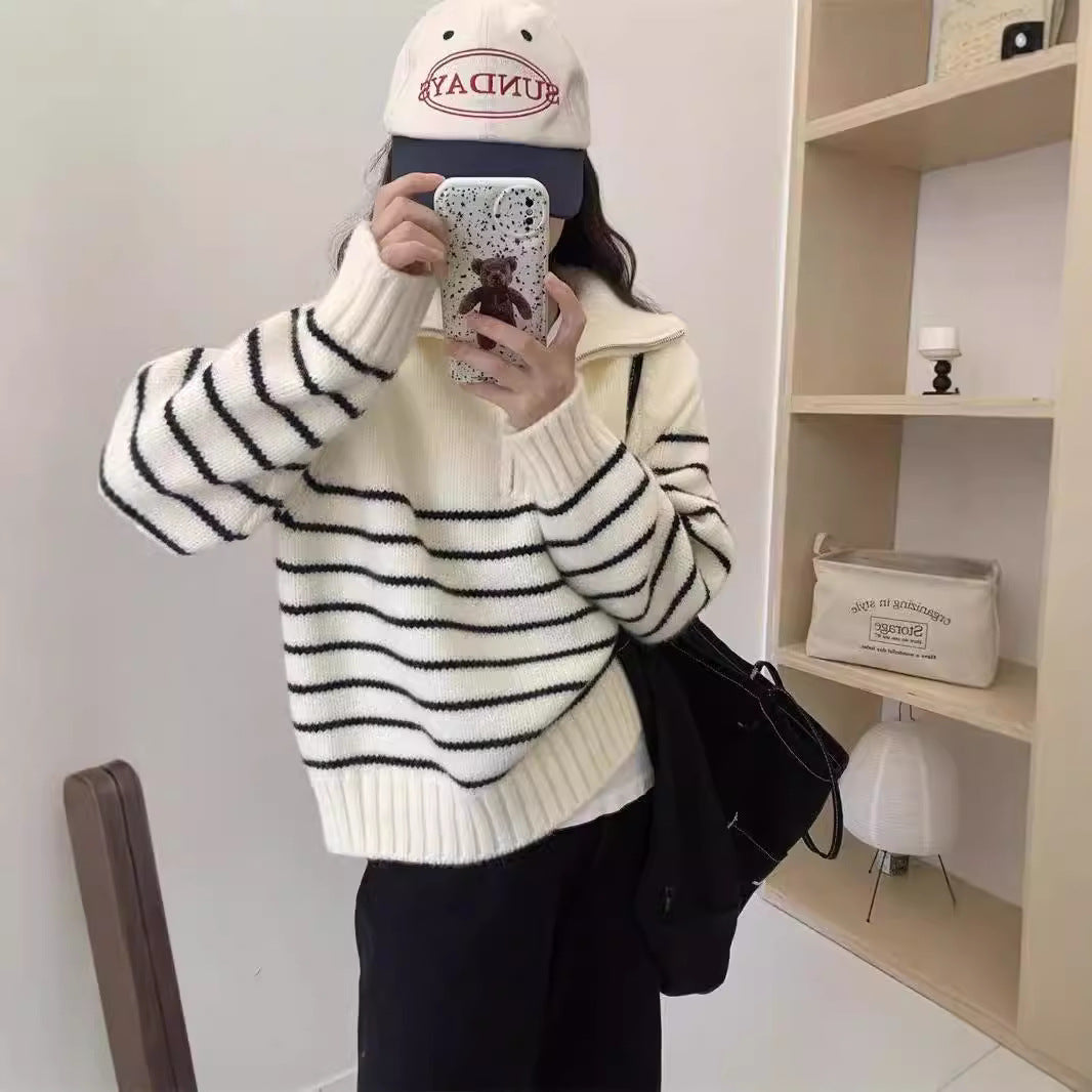 Women's Striped Half Zipper Pullover Korean Loose Lazy Sweater