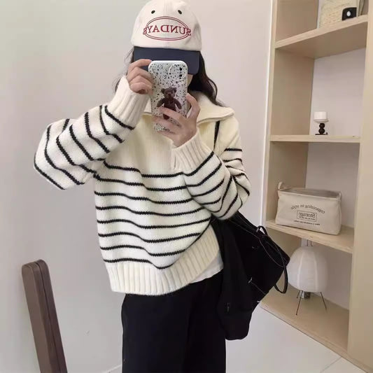 Women's Striped Half Zipper Pullover Korean Loose Lazy Sweater