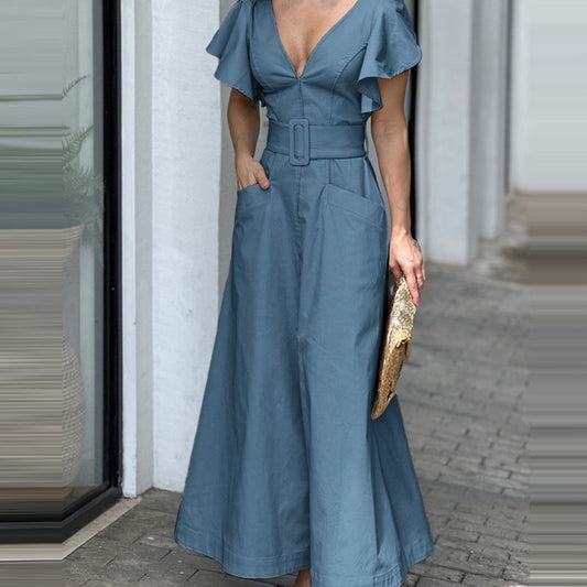Dress Solid Color Ruffle Sleeve Temperament Dresses