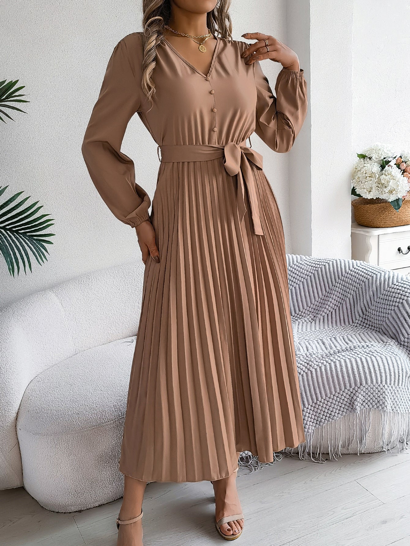 Women's Elegant Button Large Hem Pleated Maxi Clothing