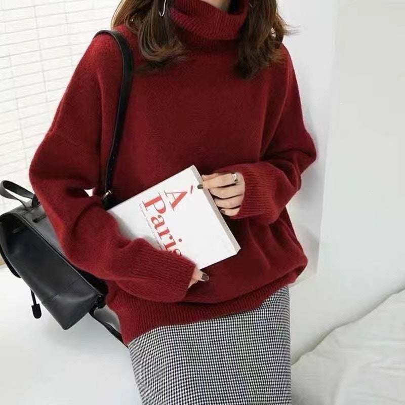 Women's Solid Color Turtleneck Loose Knitted Pullover Lazy Bottoming Sweaters