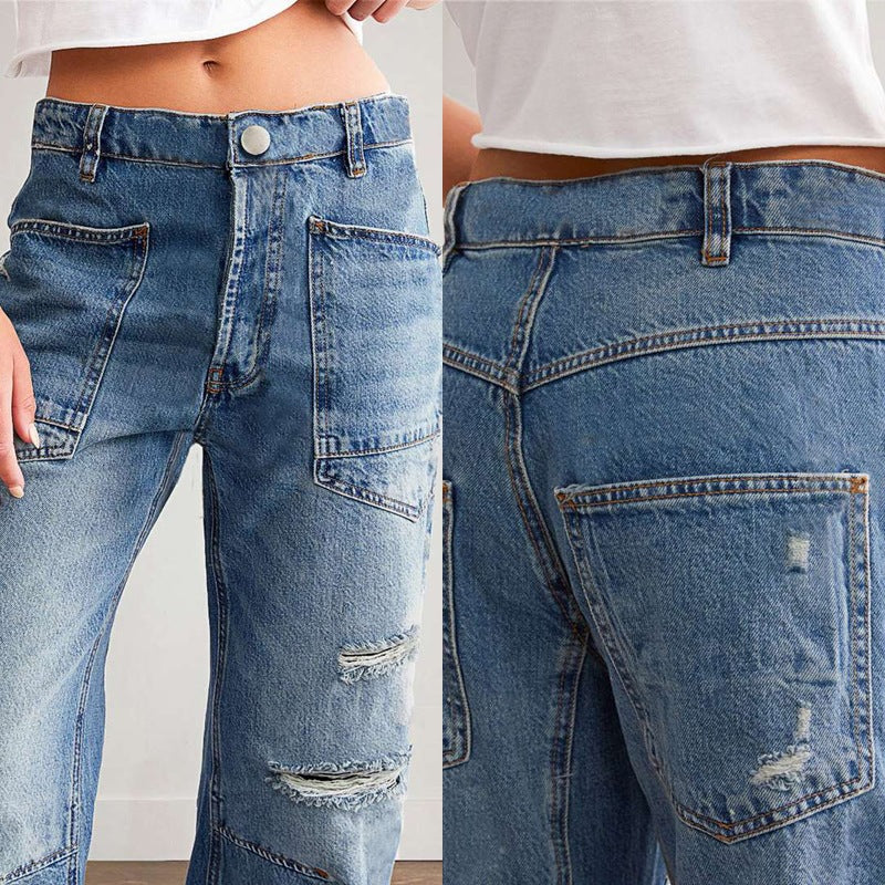 Women's Tattered Casual Patchwork Banana Baggy Straight Jeans