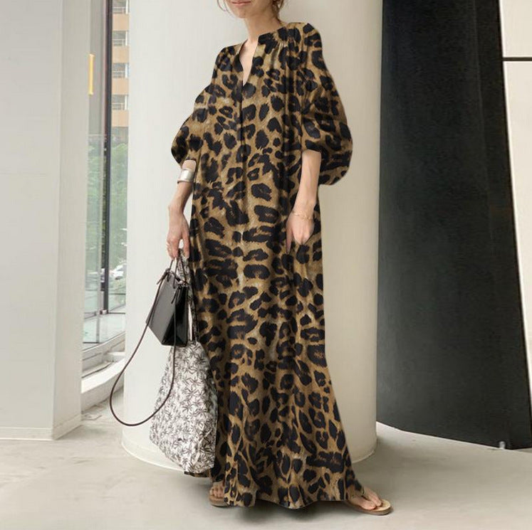 Temperament Leopard Print Printed Stand Collar Puff Sleeve Fashion Loose Dress