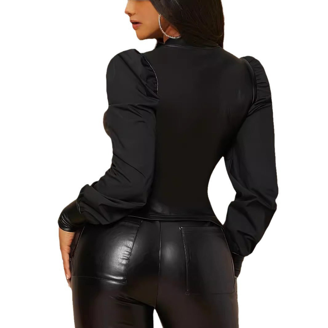 Women's Patent Leather Round Neck Long Sleeve Lantern Tops