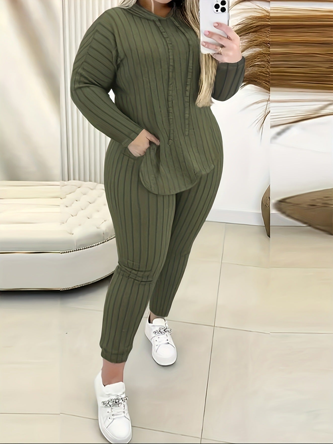 Women's Hooded Drawstring Long Sleeve Sweatshirt Fashion Casual Suit